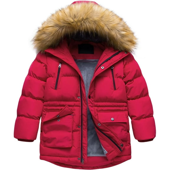 Chrisuno Boy's Active Puffer Jacket Winter Coat Mid Length Quilted Jacket Red 8