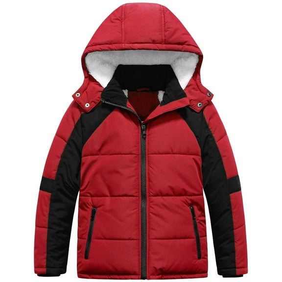 Chrisuno Boy's Casual Waterproof Ski Snow Jacket Hooded Fleece Lined Windproof Winter Puffer Jacket Red&Black 8