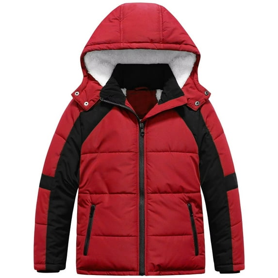 Chrisuno Boy's Casual Waterproof Ski Snow Jacket Hooded Fleece Lined Windproof Winter Puffer Jacket Red&Black 8