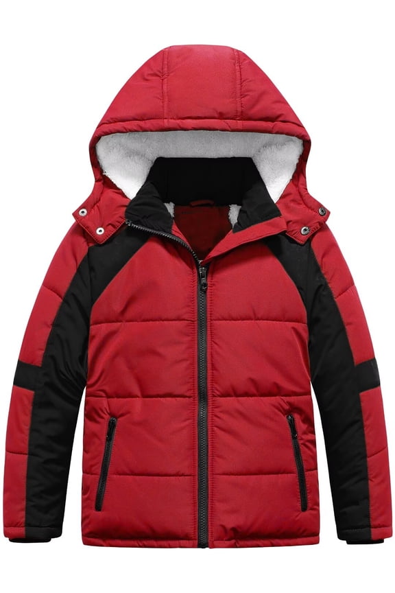 Boy's Casual Waterproof Ski Snow Jacket Hooded Fleece Lined Windproof Winter Puffer Jacket Red&Black 8