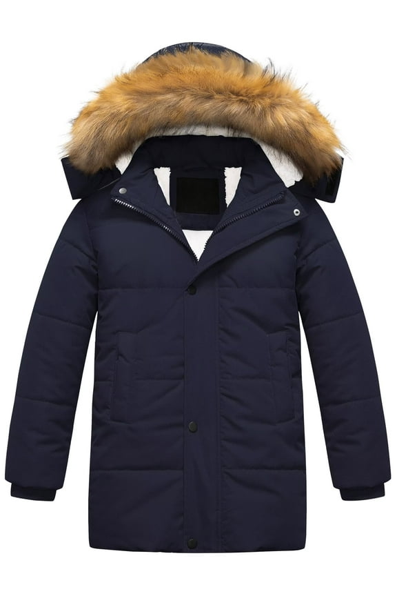 Boy's Heavyweight Warm Winter Coat Windproof Puffy Outwear With Removable Hood Long Sherpa Parka Navy Blue 4-5