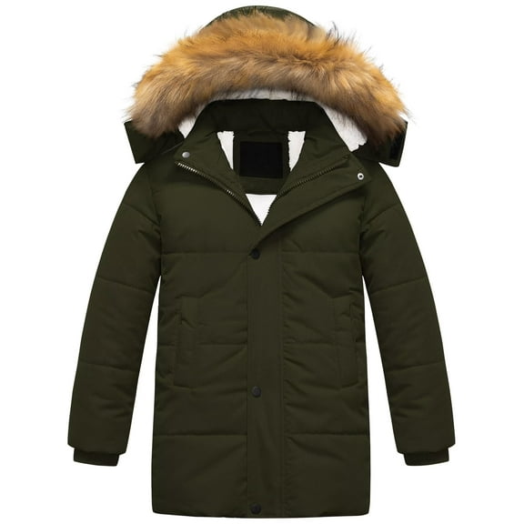 Chrisuno Boy's Long Sherpa Fleece Winter Coat Thicken Water Repellent Parka Insulated Warm Outwear With Hood Army Green 4-5