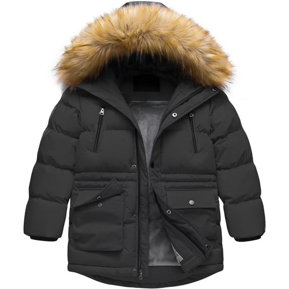 Chrisuno Boy's Padded Long Winter Coat Windproof Puffer Jacket With Removable Hood Black 14/16