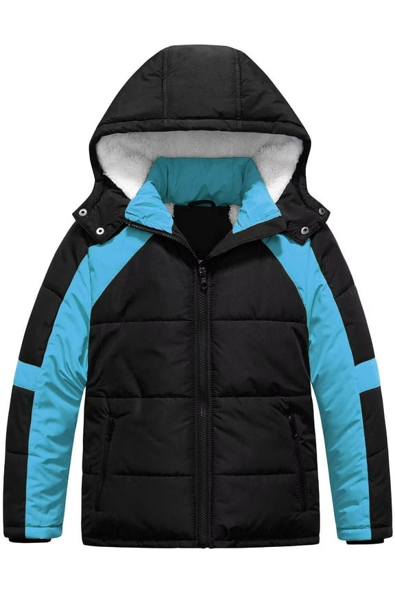 Boys Lightweight Hooded Down Jacket Warm Snow Jacket Winter Outdoor Coat With Sherpa Hood Black&Blue 6-7