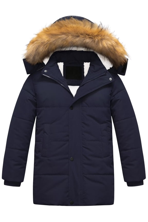 Boys Water Repellent Winter Coats Sherpa Parka Heavyweight Down Alternative Puffer Jackets With Hood Navy Blue 10-12