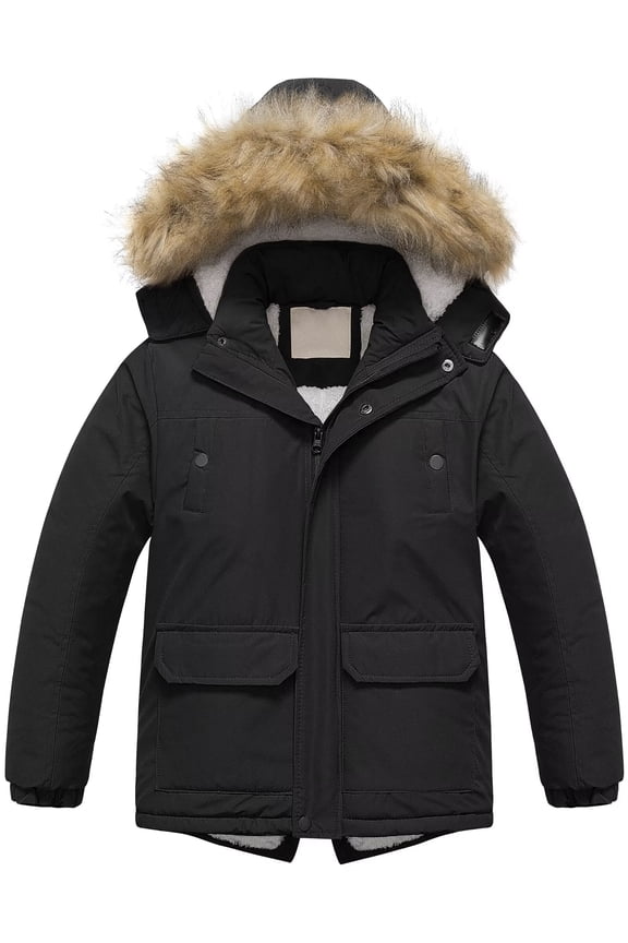 Boys' Winter Heavyweight Parka Jacket Warm Winter Coat Ski Clothes Fleece Thicken Outerwear Black 10-12