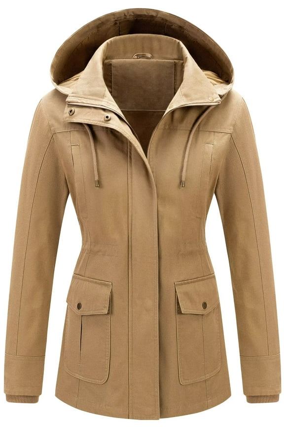Casual Jackets For Women Fall Womens Lightweight Army Jacket Spring Coats Women's Cotton Warm Coat With Removable Hood Khaki 3XL