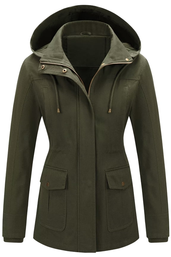 Fall Jacket Anorak Drawstring Waist Coat Ladies Jackets Women's Casual Military Safari Utility Lightweight Coats Detachable Hood Army Green S