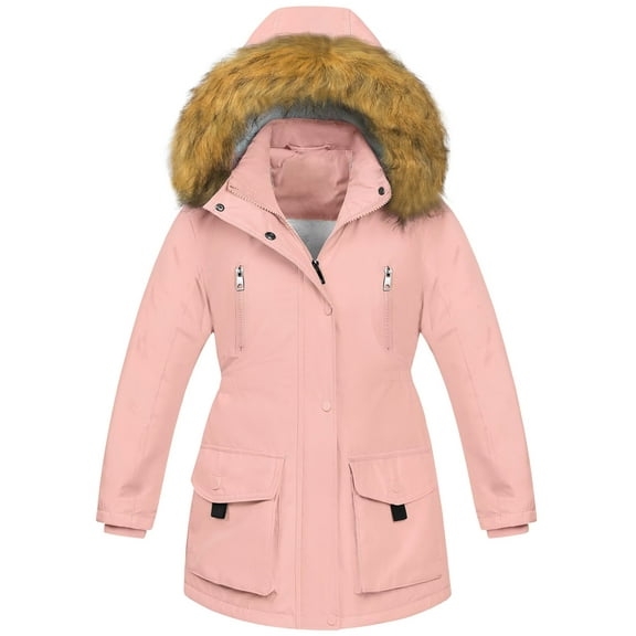 Chrisuno Girl's Classic Trendy Winter Jacket Sherpa Fleece Lined Kids Parka Puffer Long Thickened Rain Coats With Hood Pink 10-12