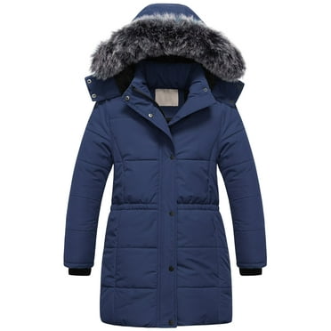 Chrisuno Girl's Essential Long Winter Bubble Coat Snowboard Parka Water Resistant Warm Puffer Jacket Navy 6-7