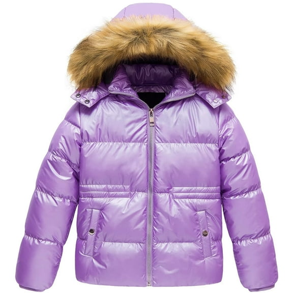 Chrisuno Girl's Kids Metallic Shiny Jacket with Detachable Hood Warmth Winter Coat Purple 6-7