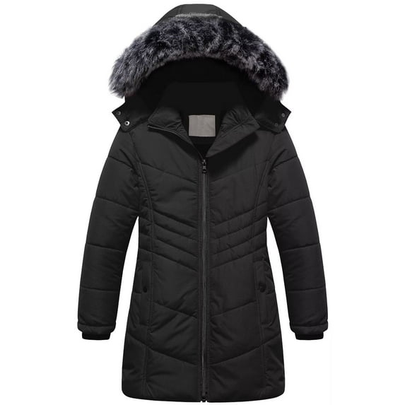 Chrisuno Girl's Little Kids Winter Coats Long Length Hooded Puffer Hiking Jacket With Fleece Lining Black 6-7