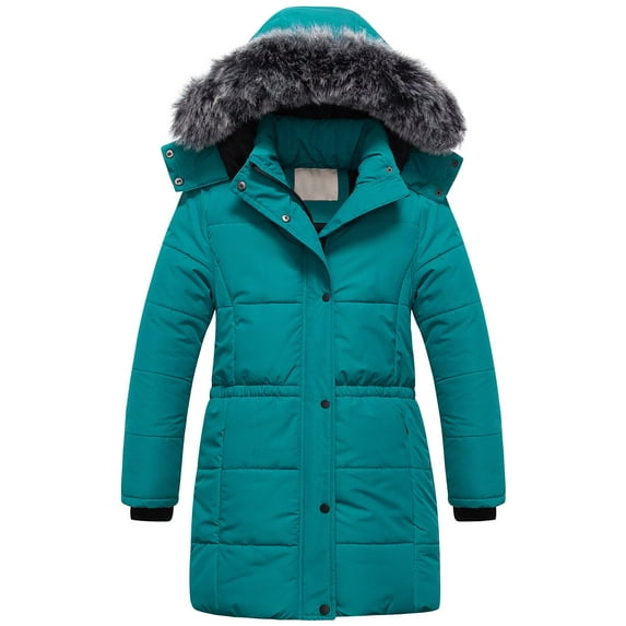 Chrisuno Girl's Long Heavyweight Winter Coat Hooded Down Jacket Fleece Lined Quilted Toddler Puffer Jacket Teal Blue 6-7