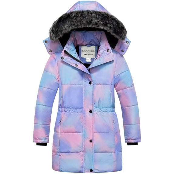 Chrisuno Girl's Long Length Insulated Winter Coats Water Resistant Thickened Girls Puffer Jacket Colorful Warm Parka Pink&Ombre 10-12