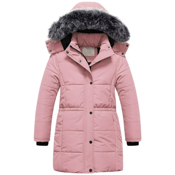 Chrisuno Girl's Long Winter Coat Parka Soft Fleece Line Hooded Quilted Puffer Jacket Children Raincoats Pink 10-12