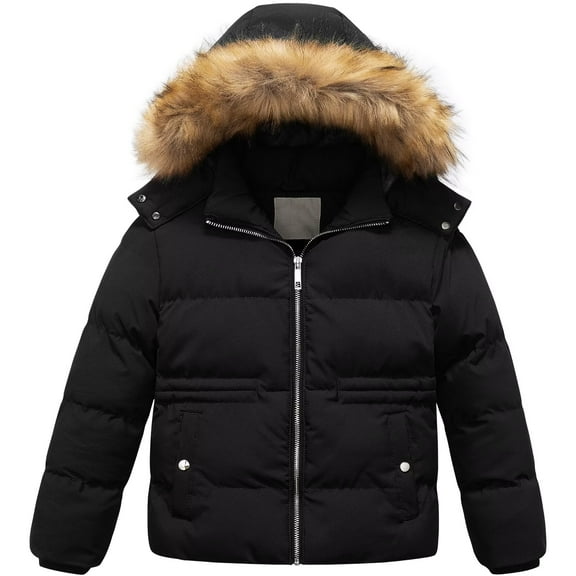 Chrisuno Girl's Puffer Jackets Children Hooded Down Coat Quilted Puffer Winter Fleece Jacket Black 6/7