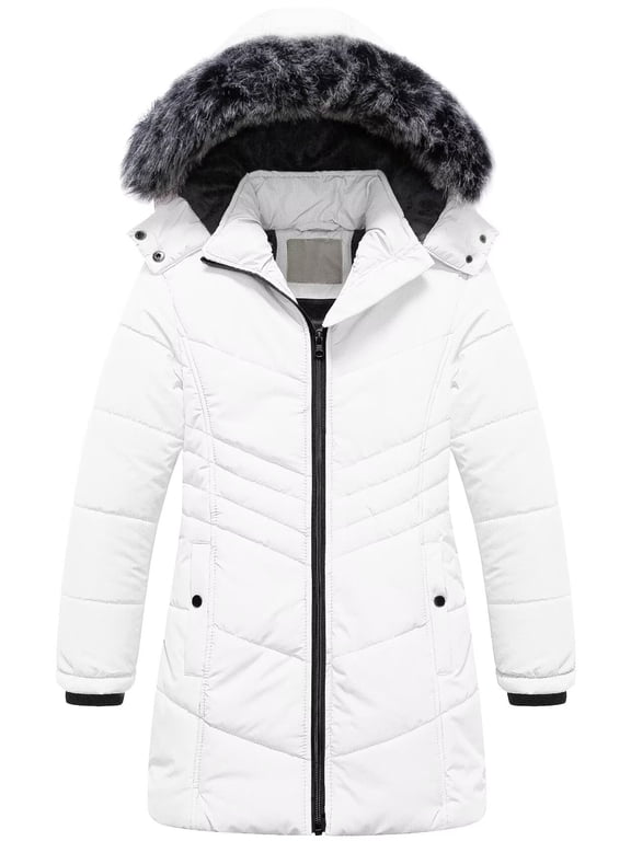 Girl's Windproof Winter Bubble Jacket Fleece Lined Water Repellent Long Puffer Coat With Hood White 6-7
