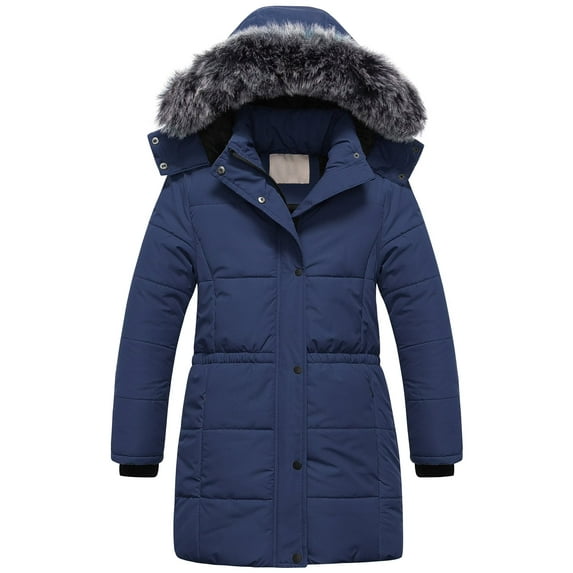 Chrisuno Girl's Winter Fleece Lined Long Parka Toddler Puffer Coat Thicken Ski Jacket With Hood Navy 4-5
