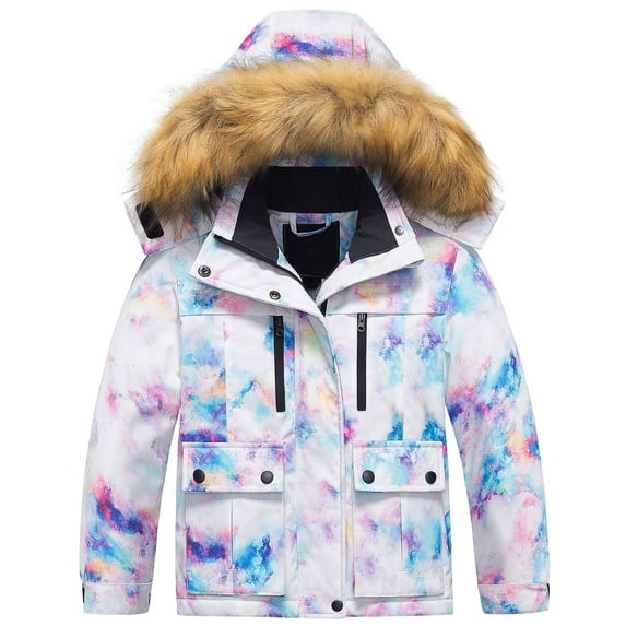 Chrisuno Girls Winter Coats Girl's Jacket Kids Full Zip Outdoor Hooded Coat Purple Printed 6/7