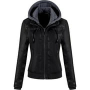 Chrisuno Jackets For Women Fall Leather Coats Chaqueta Cuero Mujer Ladies Faux Leather Motorcycle Jacket Biker Coat With Removable Hood Black L