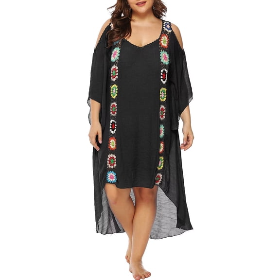 Chrisuno Ladies Bathing Suit Oversized Cover Up Crochet Floral V Neck Cold Shoulder Long Loosed Beach Dress Black 5XL