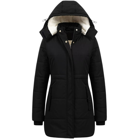Chrisuno Ladies Heavy Winter Puffer Coat Warm Cozy Snow Ski Jacket With Removable Hood Black XL