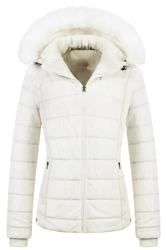 Ladies Short Puffer Jacket Women Cropped Winter Coat Parka With Removable Hood 2XL White