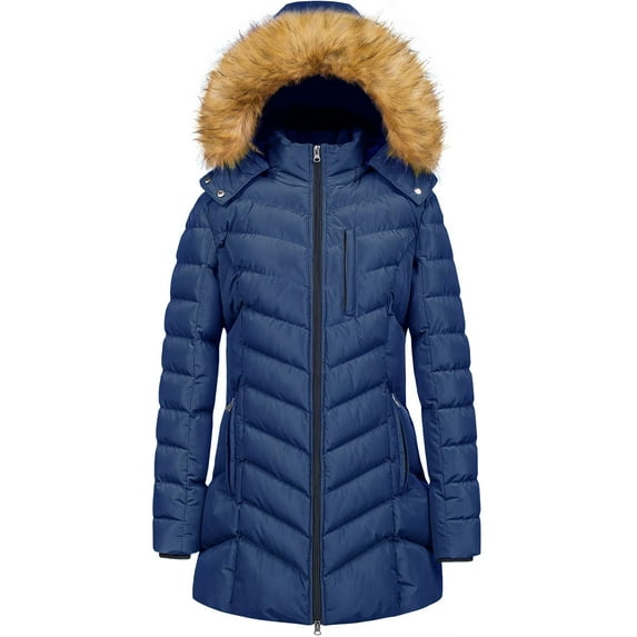 Chrisuno Ladies Winter Coats Puffer Jacket With Removable Hood Outwear Navy XL