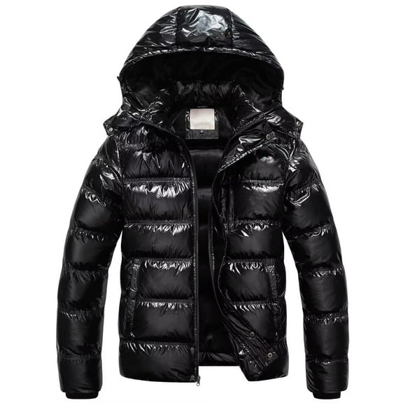 Chrisuno Men Puffer Jacket With Hood Winter Coat Down Alternative Jacket Insulated Thicken Fur Hooded Parka Shiny Black XX-Large
