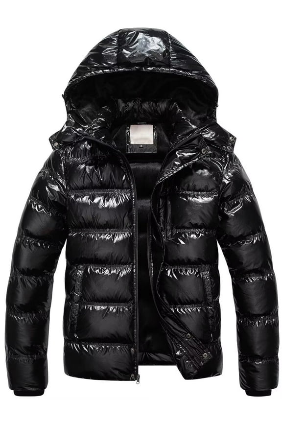 Men Puffer Jacket With Hood Winter Coat Down Alternative Jacket Insulated Thicken Fur Hooded Parka Shiny Black XX-Large