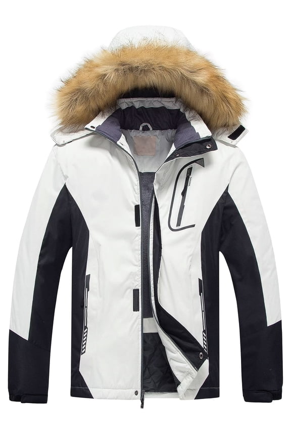 Men Winter Jacket Parka Windproof Ski Raincoat Hood Black White S