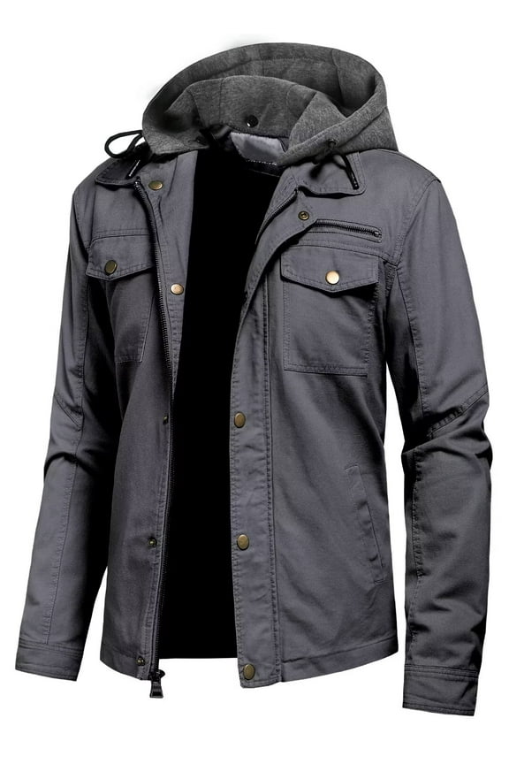 Men's Canvas Cotton Military Jacket Hooded Essential Lightweight Bomber Windbreaker M Grey
