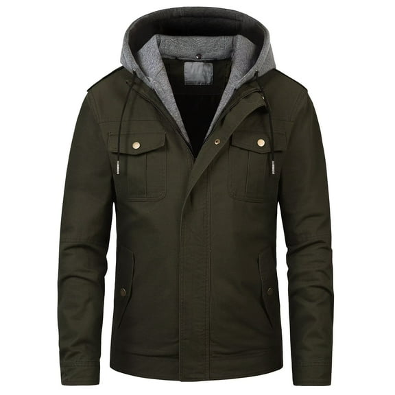Chrisuno Men's Casual Cotton Slim Fit Coat With Removable Hood Military Work Outerwear Jacket Army Green M