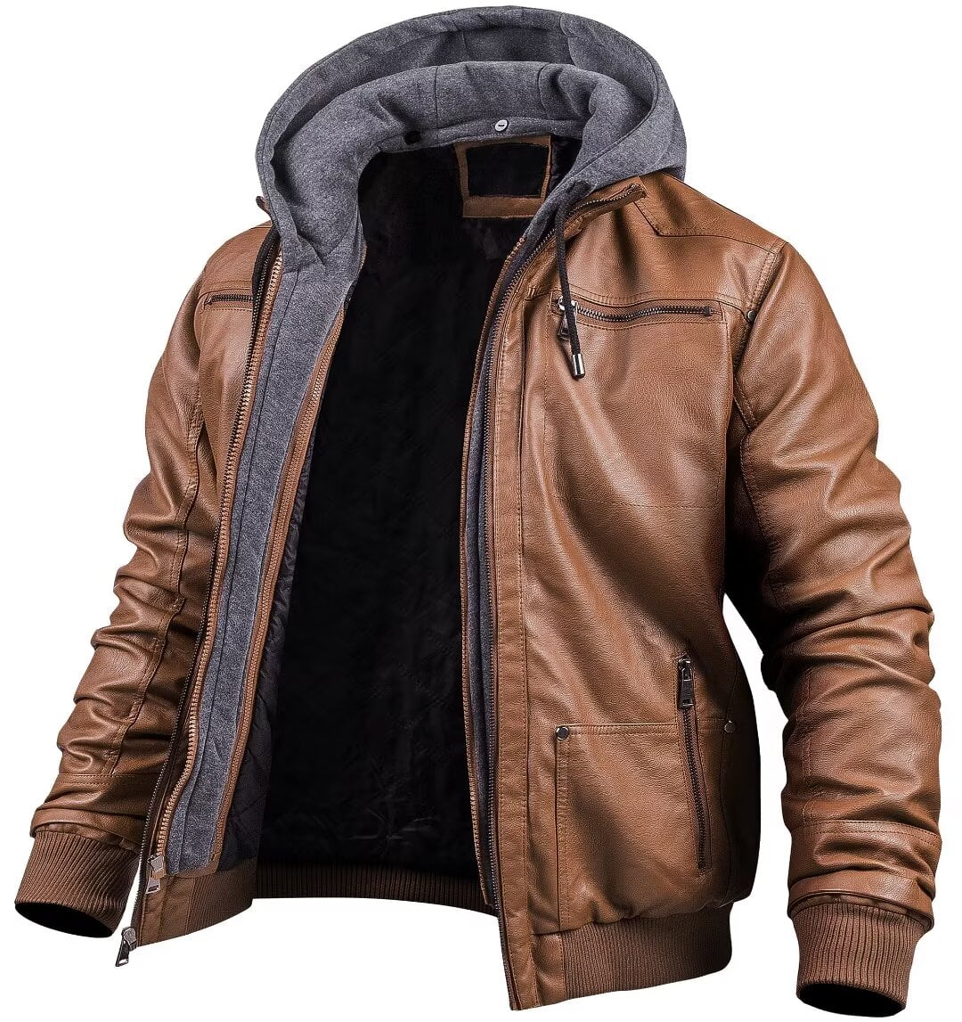 Chrisuno Men's Casual Full Zip Moto Pu Leather Quilted Bomber Jacket Brown 3XL