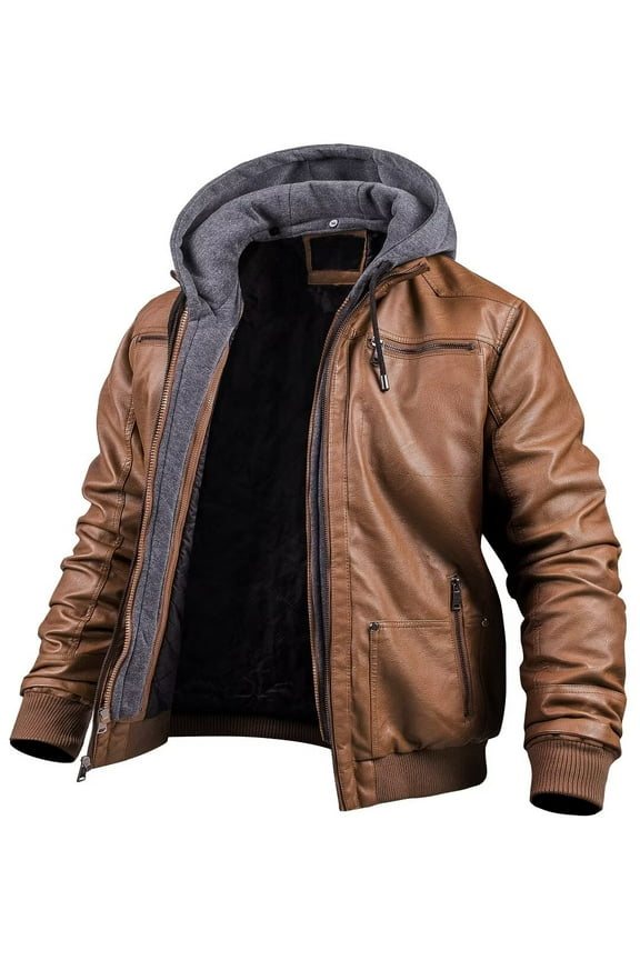 Men's Casual Full Zip Moto Pu Leather Quilted Bomber Jacket Brown 3XL