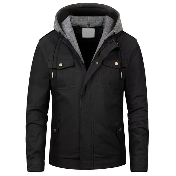 Chrisuno Men's Cotton Jackets Military Cargo Bomber Working Jackets With Removable Hood Black XL