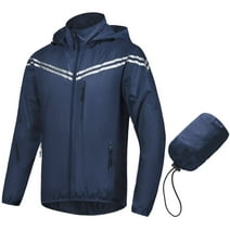 Chrisuno Men's Cycling Jacket With Removable Hood, Reflective Windbreaker,Lightweight Waterproof Running Jackets Navy 3XL