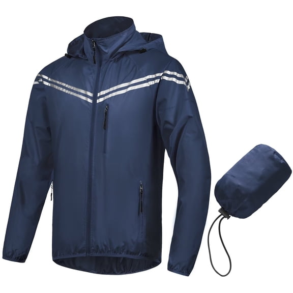 Chrisuno Men's Cycling Running Jacket Hooded Bike Windbreaker Reflective Lightweight Windproof Coat Packable Navy XL