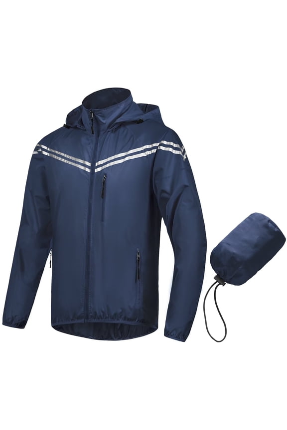 Men's Cycling Running Jacket Hooded Bike Windbreaker Reflective Lightweight Windproof Coat Packable Navy XL