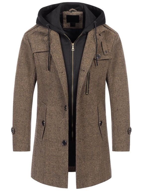 Men's Fall Winter Pea Coat Stylish Stand Collar Wool Trench Overcoat Warm Mens Decent Dress Coats With Hood Coffee S