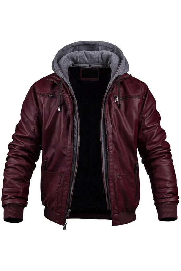 Men's Faux Leather Jacket Vintage Motorcycle Jacket Heat Winter Coat Wine Red 2XL
