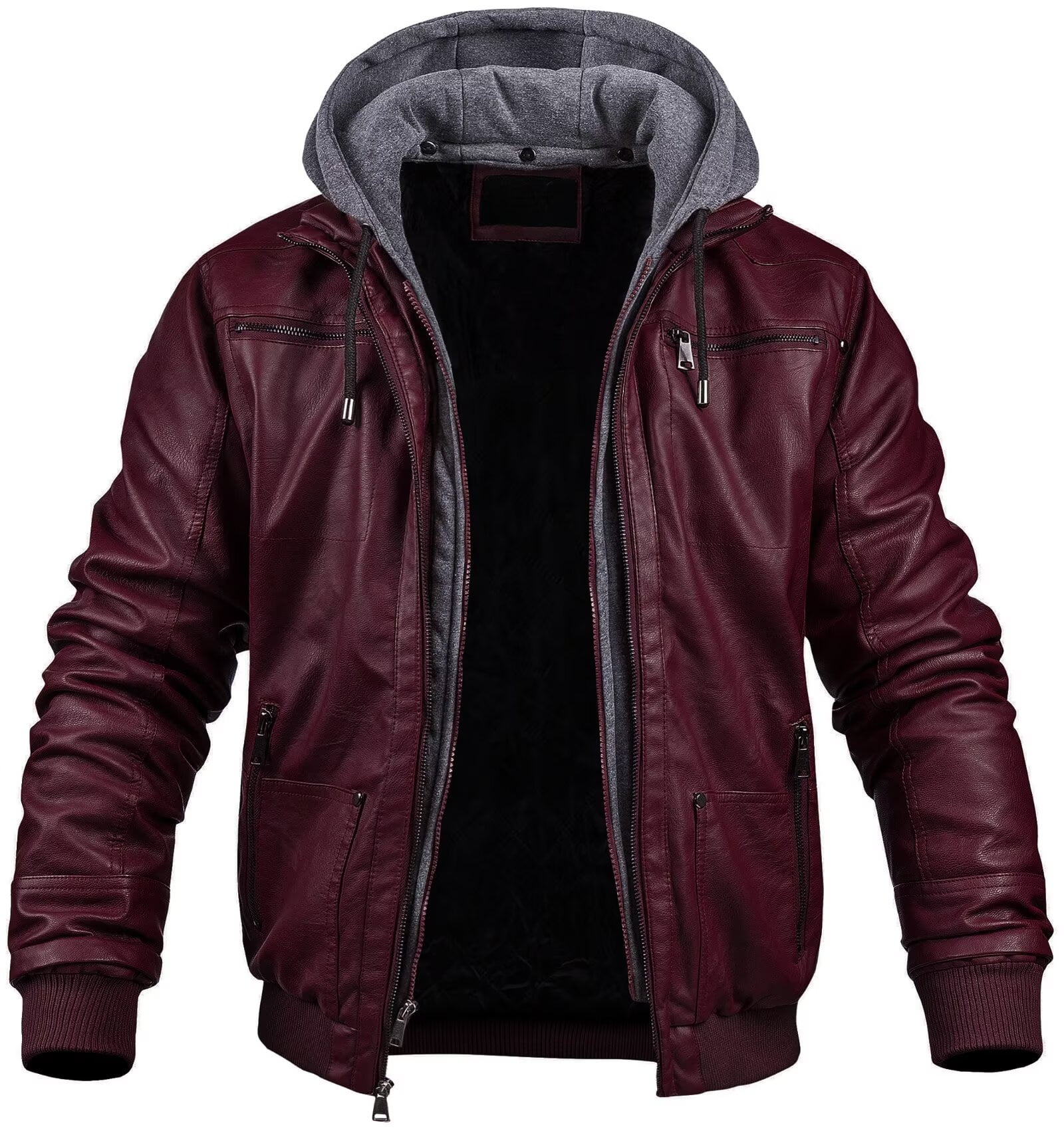 Chrisuno Men's Faux Leather Jacket Vintage Motorcycle Jacket Warm Winter Coat Wine Red XL