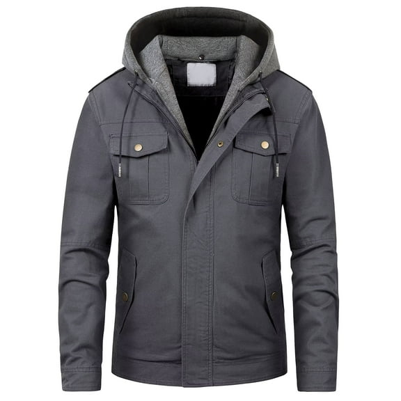 Chrisuno Men's Field Cargo Work Lapel Coat Military Canvas Jacket With Removable Hood Grey L