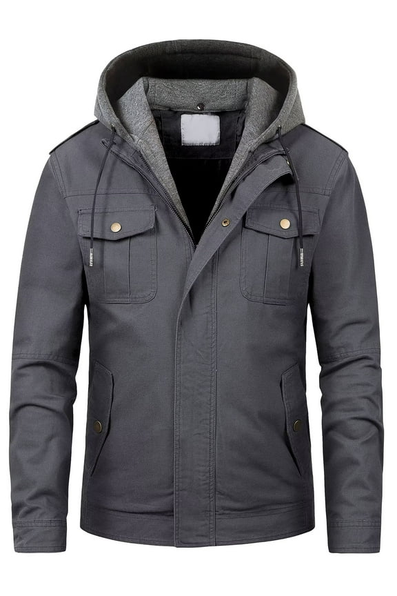 Men's Field Cargo Work Lapel Coat Military Canvas Jacket With Removable Hood Grey L