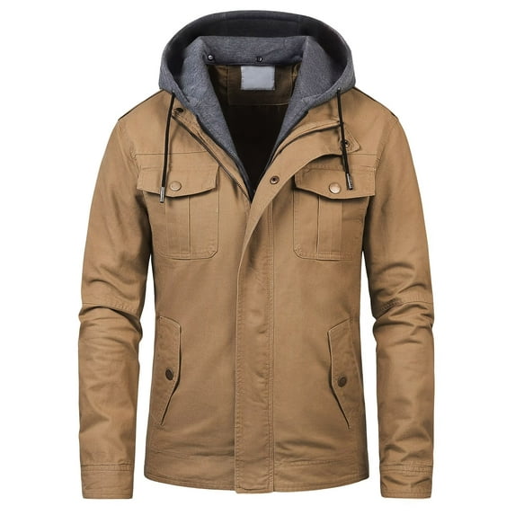 Chrisuno Men's Light Hooded Coat Cotton Military Casual Stand Collar Windbreaker Field Army Jacket Khaki L