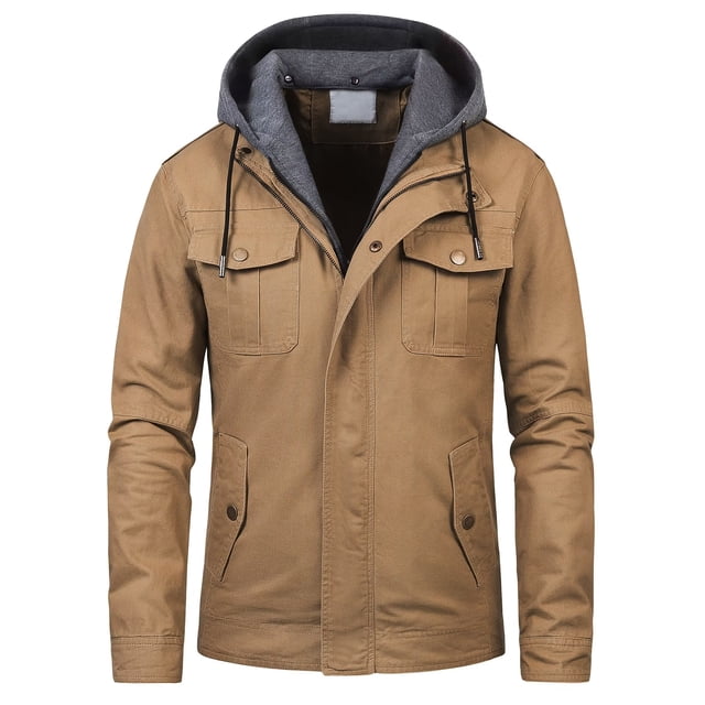 Chrisuno Men's Light Hooded Coat Cotton Military Casual Stand Collar Windbreaker Field Army Jacket Khaki L