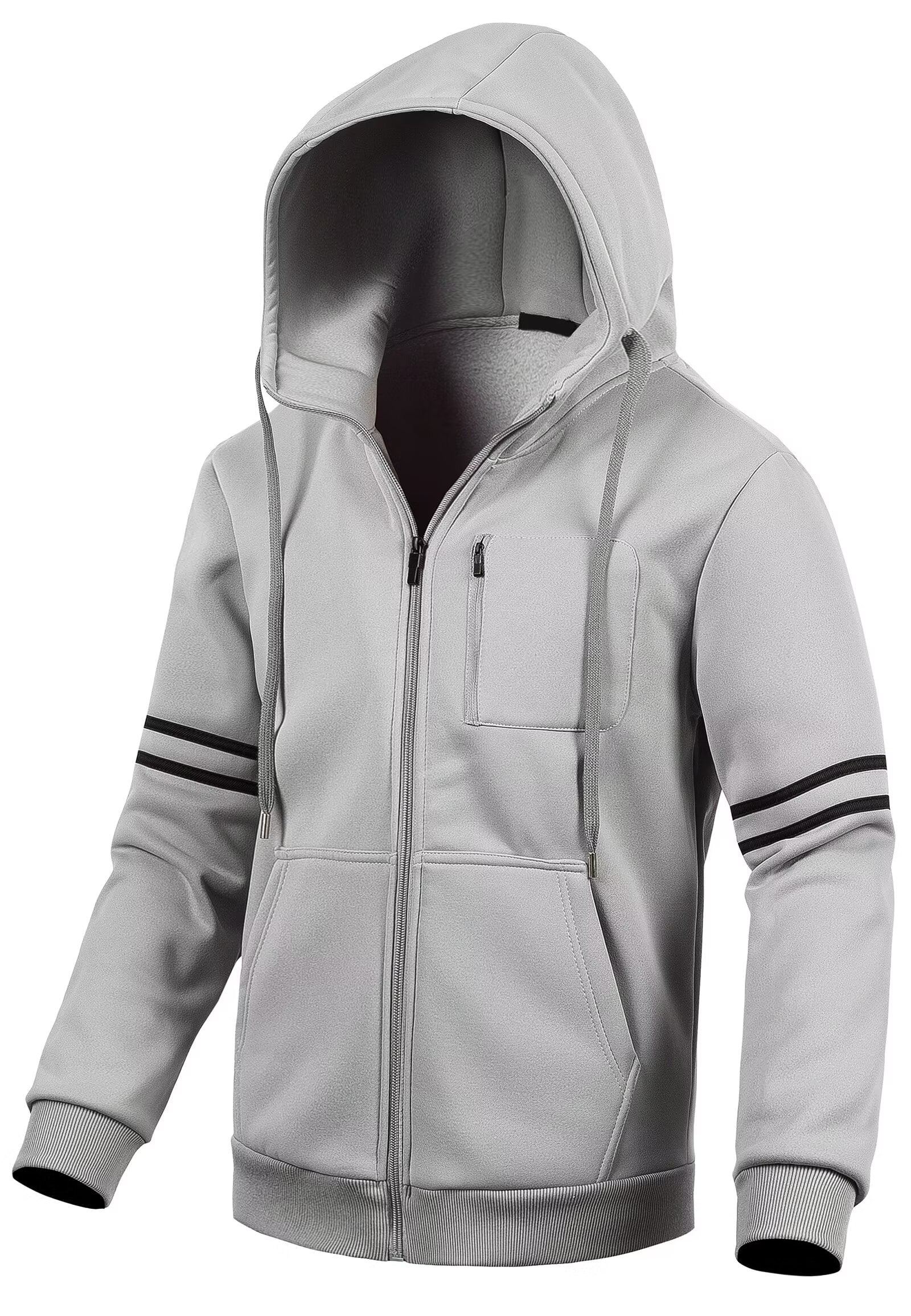 Chrisuno Men's Lightweight Fleece Long Sleeve Full-Zip Plus Size Hooded Sweatshirt Workout Jackets Light Grey M