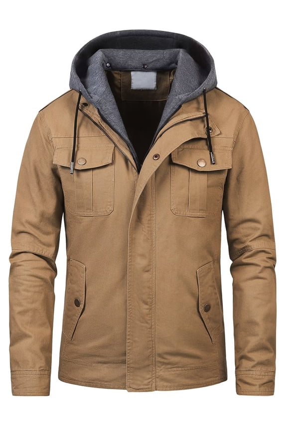 Men's Military Jacket With Removable Hood , Stand Collar Spring and Autumn Casual Cotton Coat Khaki 2XL