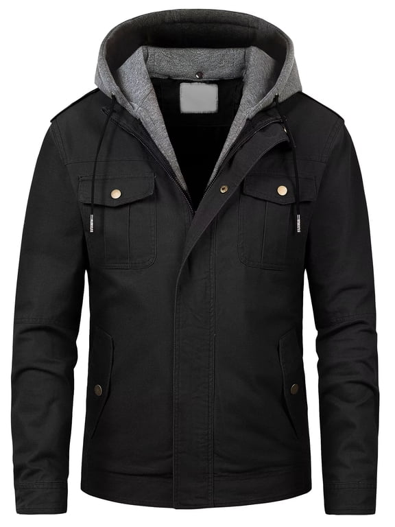 Men's Military Trucker Cotton Jacket Washed Cotton Hooded Winter Coats Black M