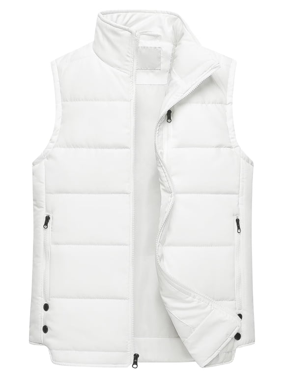 Men's Outdoor Casual Padded Packable Spring Fall Winter Vest Coats Full Zip Puffer Waistcoat Jacket White L